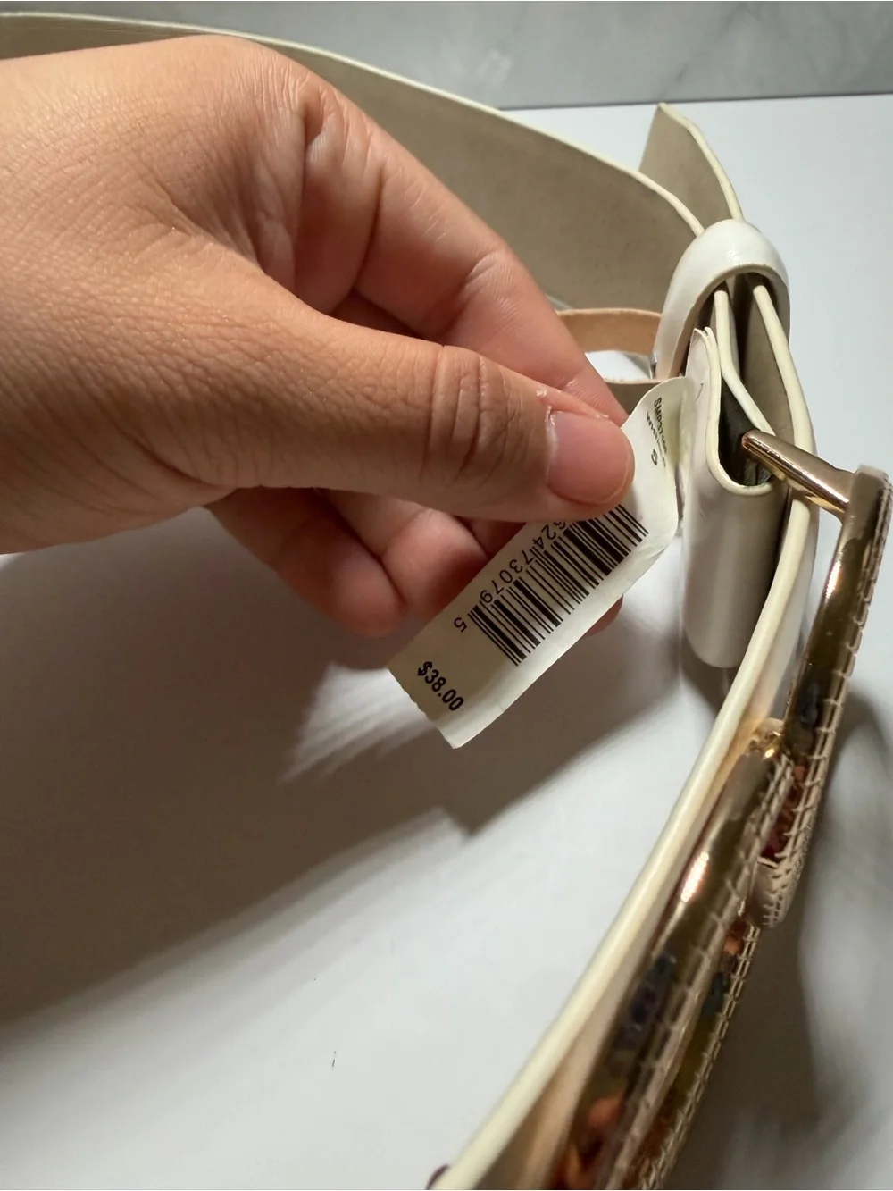 White faux leather interlocking double gold circle metal buckle womens belt